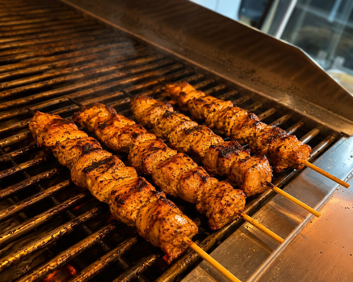 Chicken souvlaki skewers cooking on the grill